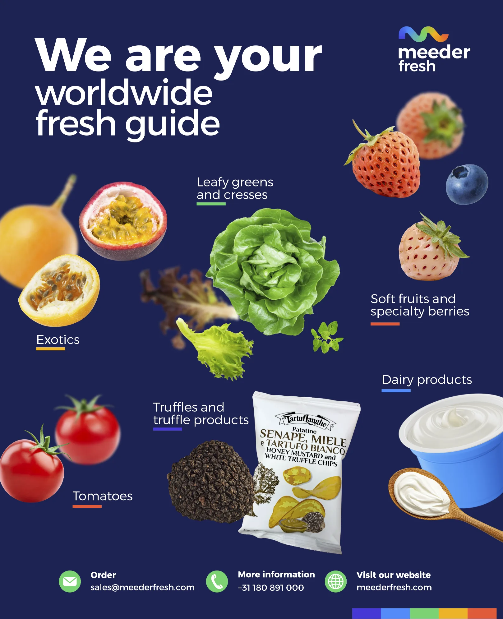Meeder Fresh, we are your worldwide fresh guide: exotics, leafy greens and cresses, soft fruits and specialty berries, tomatoes, truffles and truffle products, and dairy products