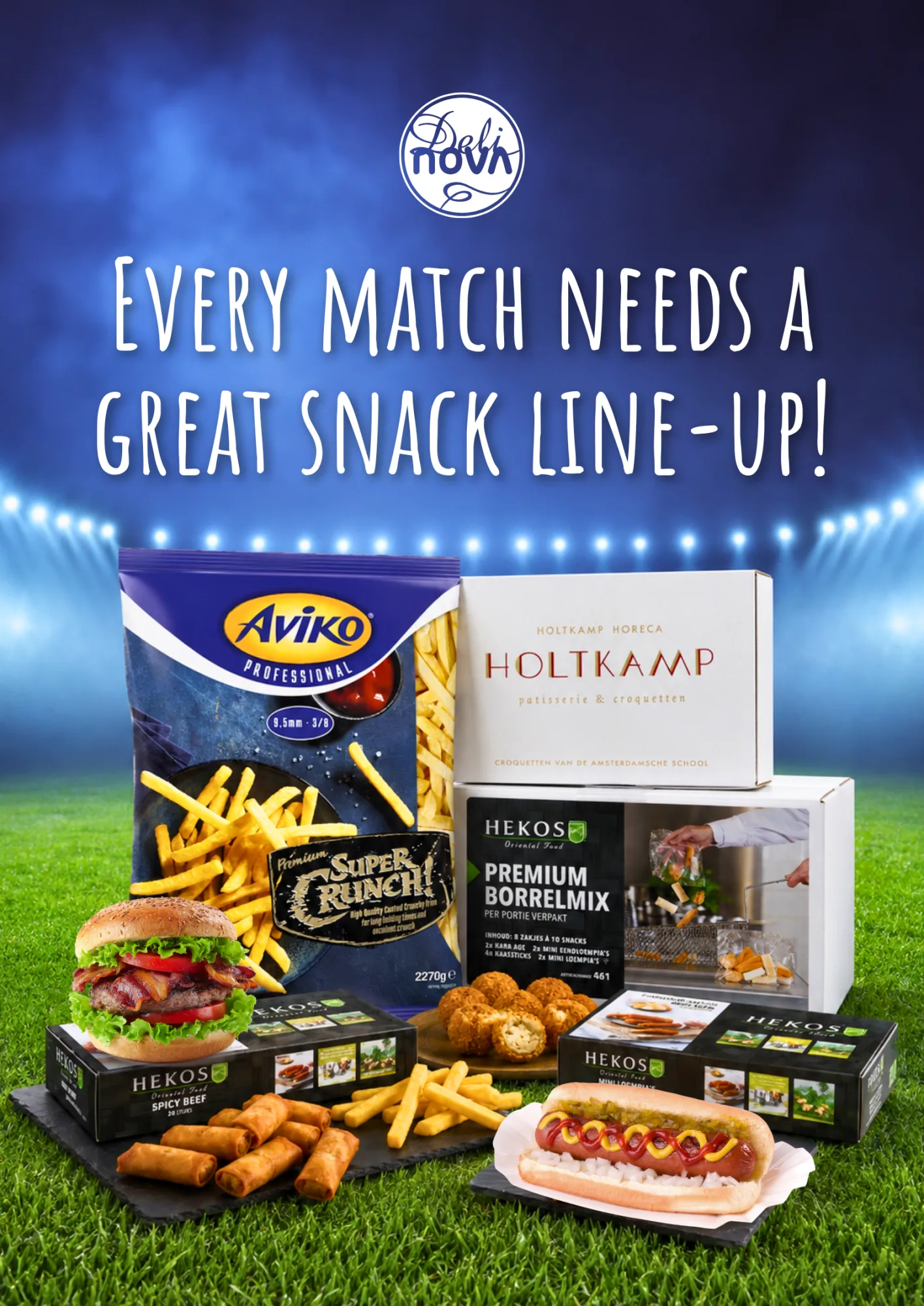 Every match needs a great snack line-up: DeliNova match-day assortment with Aviko Super Crunch fries, Hekos snacks and Holtkamp borrelmix