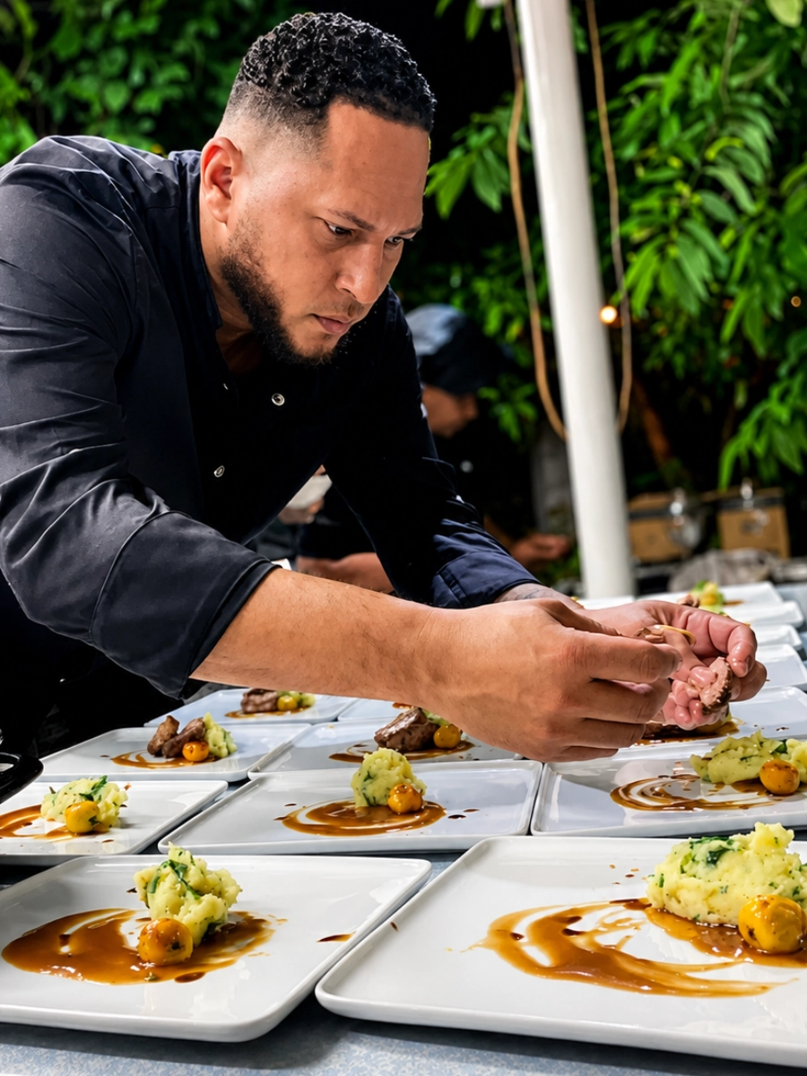 Chef Angelo de Bies plating dishes during a catering event